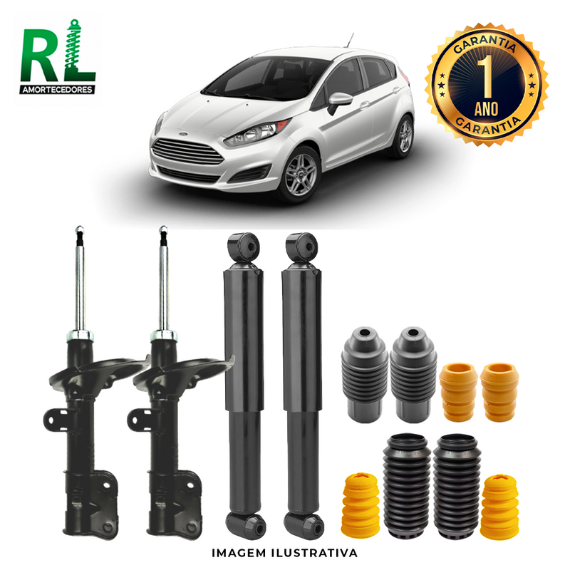 Kit Completo de Amortecedores Dianteiros e Traseiros Fiesta Moderno 2002 a 2014 - Remanufaturado. Com Kits Batentes e Guarda-pó