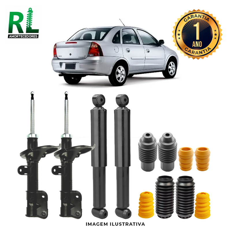 Kit Completo de Amortecedores Dianteiros e Traseiros Corsa Sedan 1997 A 2005 - Remanufaturado. Com Kits Batentes e Guarda-pó