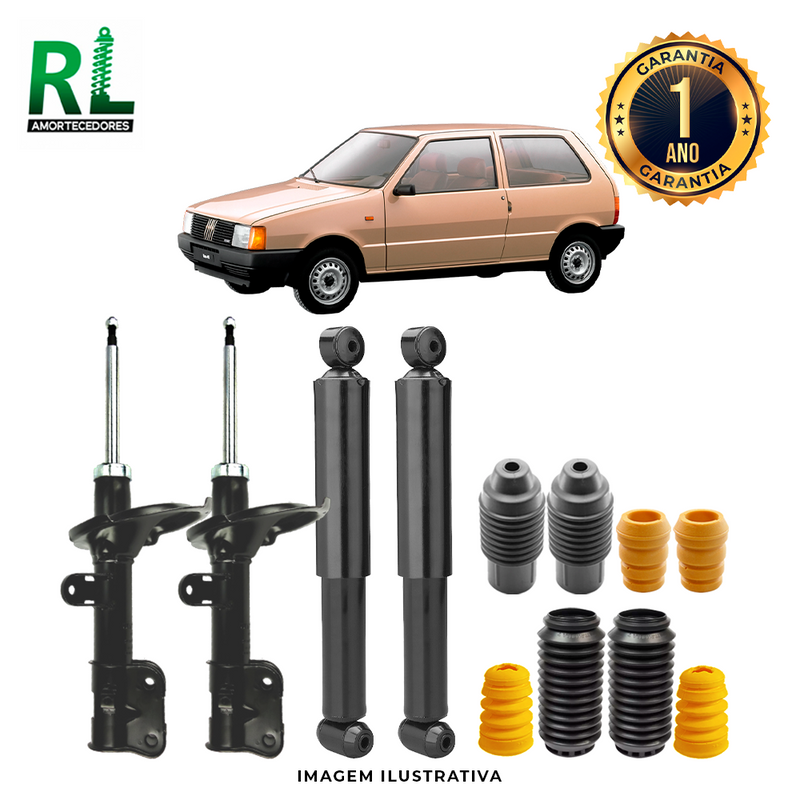 Kit Completo de Amortecedores Dianteiros e Traseiros Uno Antigo 1990 a 1994 - Remanufaturado. Com Kits Batentes e Guarda-pó