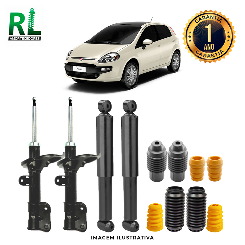 Kit Completo de Amortecedores Dianteiros e Traseiros Punto 2009 a 2017 - Remanufaturado. Com Kits Batentes e Guarda-pó