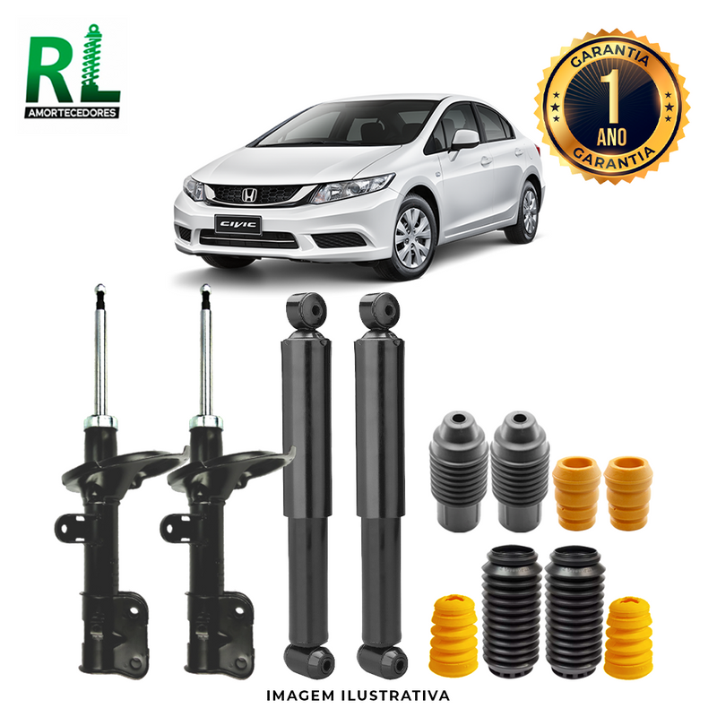 Kit Completo de Amortecedores Dianteiros e Traseiros Honda Civic G9 2012 a 2016 - Remanufaturado. Com Kits Batentes e Guarda-pó