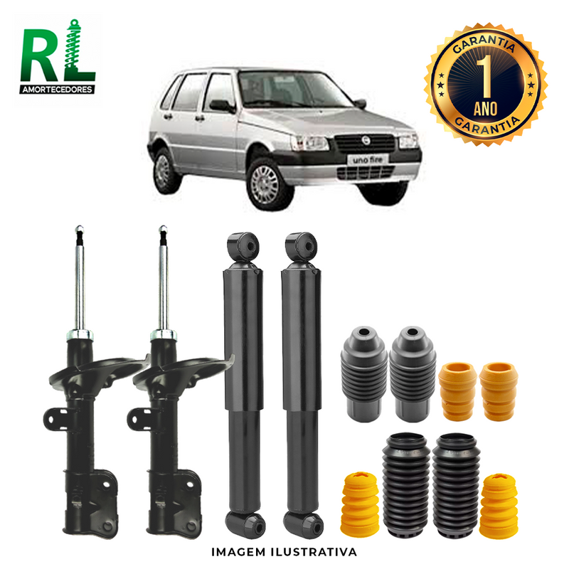 Kit Completo de Amortecedores Dianteiros e Traseiros Uno Fire 1995 a 2008 - Remanufaturado. Com Kits Batentes e Guarda-pó