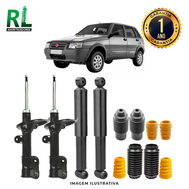 Kit Completo de Amortecedores Dianteiros e Traseiros Uno Way 2008 a 2013 - Remanufaturado. Com Kits Batentes e Guarda-pó
