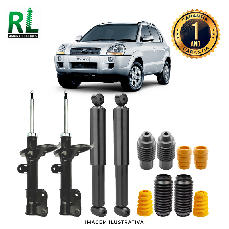 Kit Completo de Amortecedores Dianteiros e Traseiros Tucson 2004 a 2010 - Remanufaturado. Com Kits Batentes e Guarda-pó