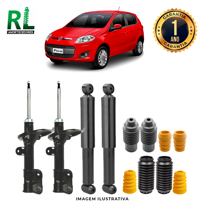 Kit Completo de Amortecedores Dianteiros e Traseiros Palio Fire 2001 a 2017 - Remanufaturado. Com Kits Batentes e Guarda-pó