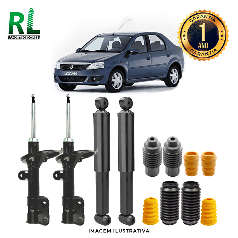 Kit Completo de Amortecedores Dianteiros e Traseiros Logan 2007 a 2013 - Remanufaturado. Com Kits Batentes e Guarda-pó