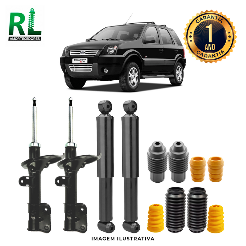 Kit Completo de Amortecedores Dianteiros e Traseiros Ecoesport 2003 a 2012 - Remanufaturado. Com Kits Batentes e Guarda-pó