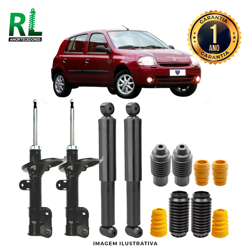 Kit Completo de Amortecedores Dianteiros e Traseiros Clio 2000 a 2011 - Remanufaturado. Com Kits Batentes e Guarda-pó