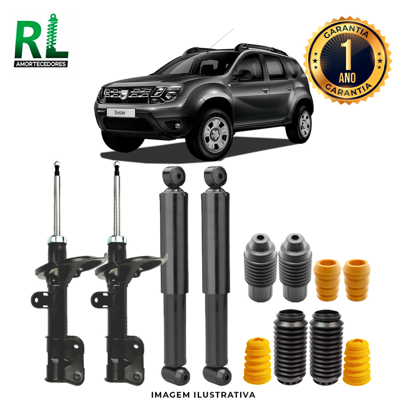 Kit Completo de Amortecedores Dianteiros e Traseiros Duster 2011 a 2018 - Remanufaturado. Com Kits Batentes e Guarda-pó