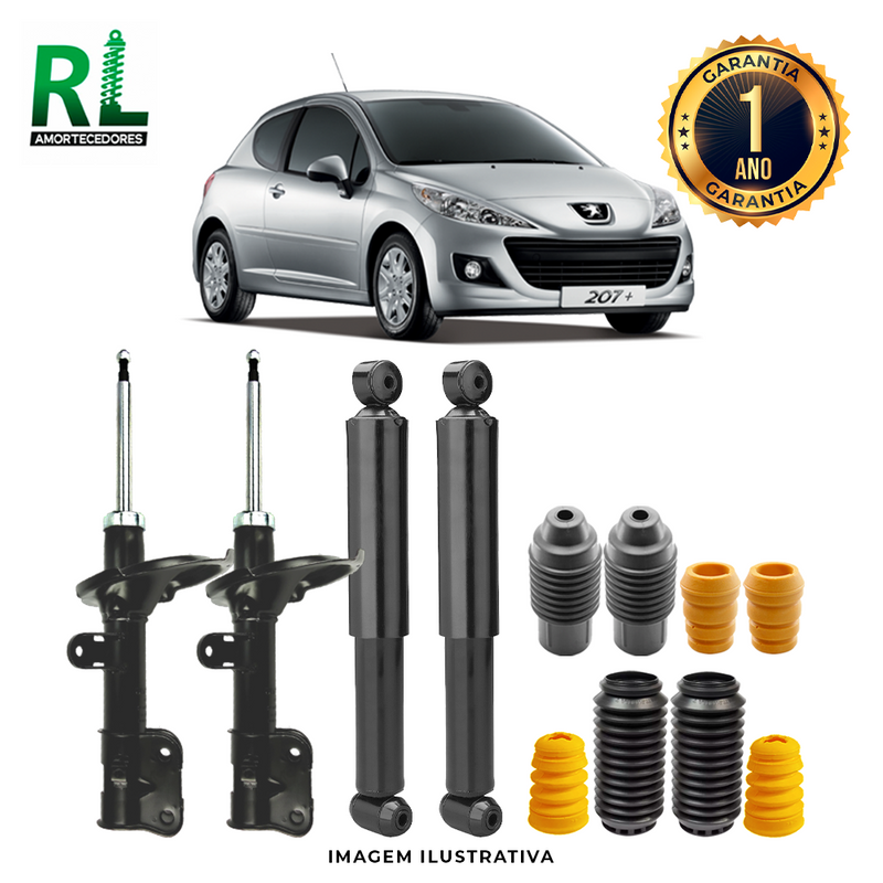 Kit Completo de Amortecedores Dianteiros e Traseiros Pegeout 207 2006 a 2014 - Remanufaturado. Com Kits Batentes e Guarda-pó