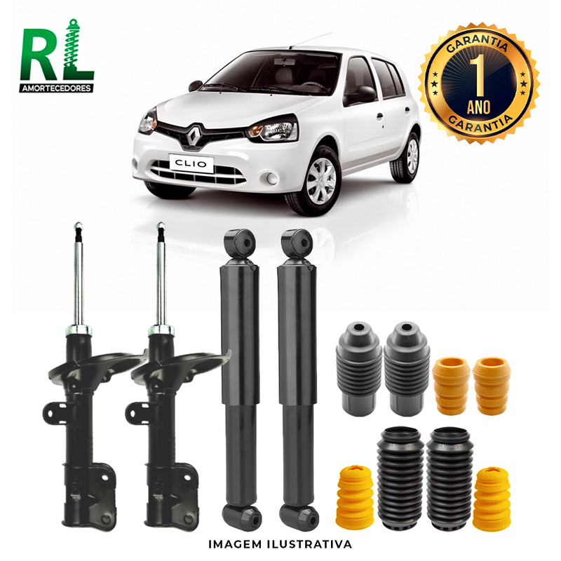 Kit Completo de Amortecedores Dianteiros e Traseiros Clio Pé Inclinado 2013 a 2016 - Remanufaturado. Com Kits Batentes e Guarda-pó