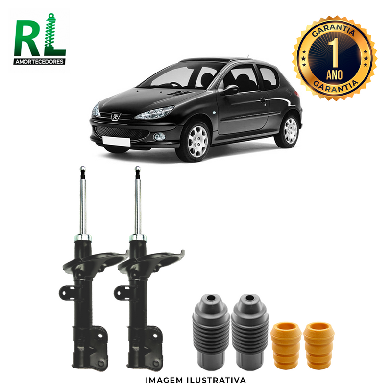 Amortecedores Dianteiros Pegeout 206 1998 a 2016, com kits de Batente e Guarda-pó, - Remanufaturado