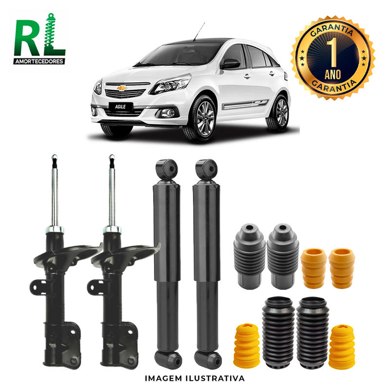 Kit Completo de Amortecedores Dianteiros e Traseiros Agile 2010 Até 2019 - Remanufaturado. Com Kits Batentes e Guarda-pó.
